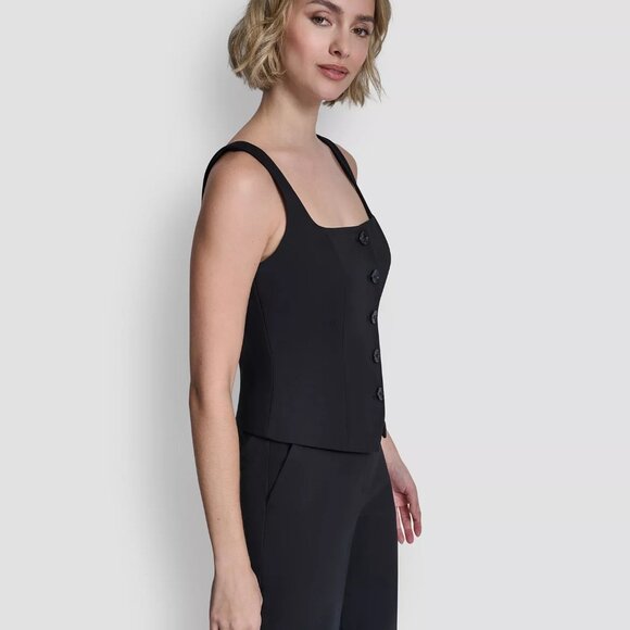 DKNY Womens Tailored Designer Sleeveless Square-Neck Vest Layering Top Black NWT - Picture 3 of 7